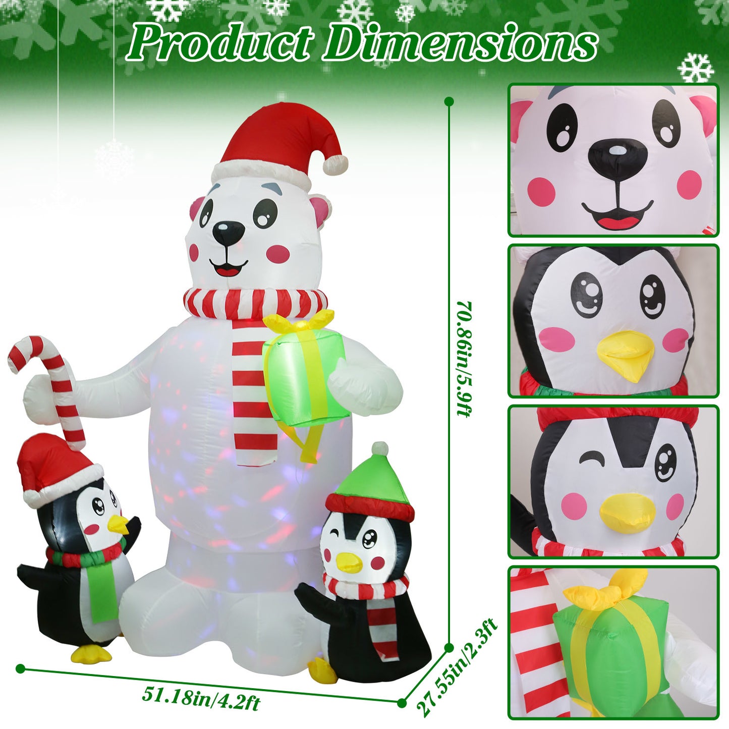 5.9FT Christmas Inflatable Outdoor Decoration - Polar Bear, Gift Box & Penguin with LED Lights
