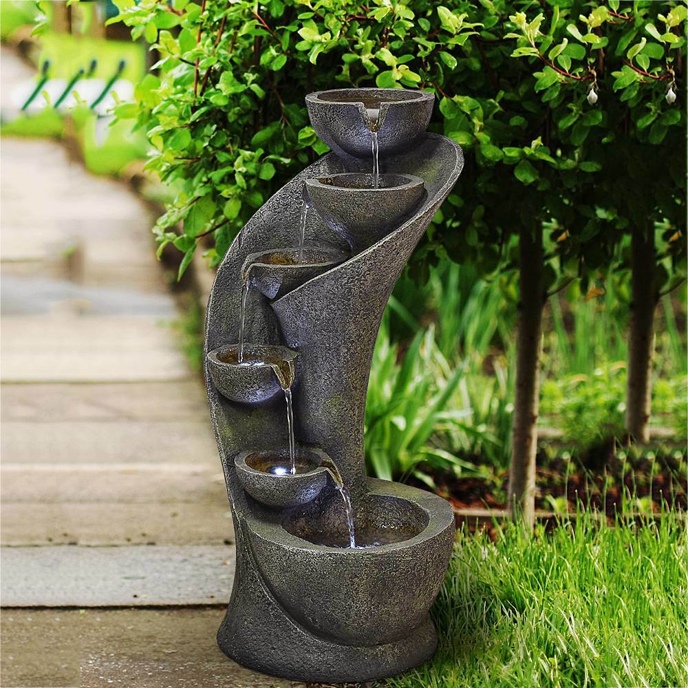 23.5" Outdoor Water Fountain with LED Light - Modern Curved Waterfall