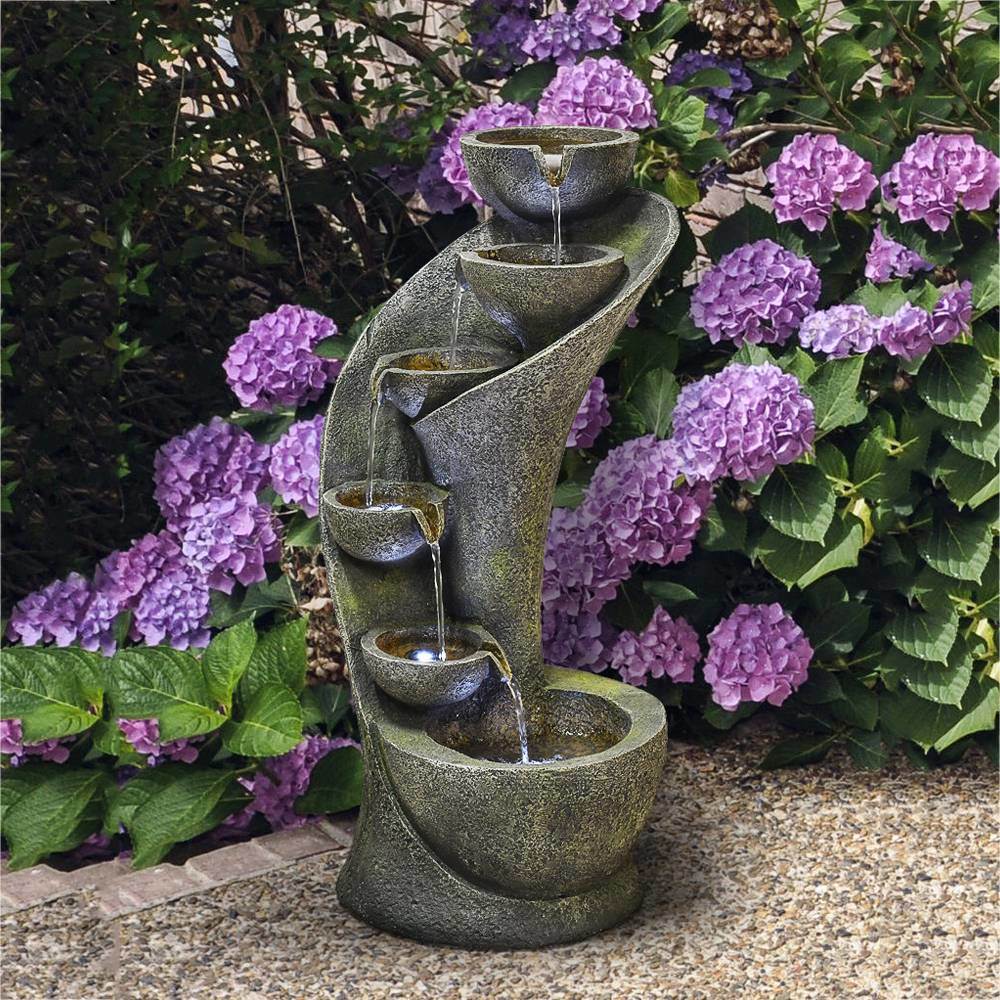 23.5" Outdoor Water Fountain with LED Light - Modern Curved Waterfall