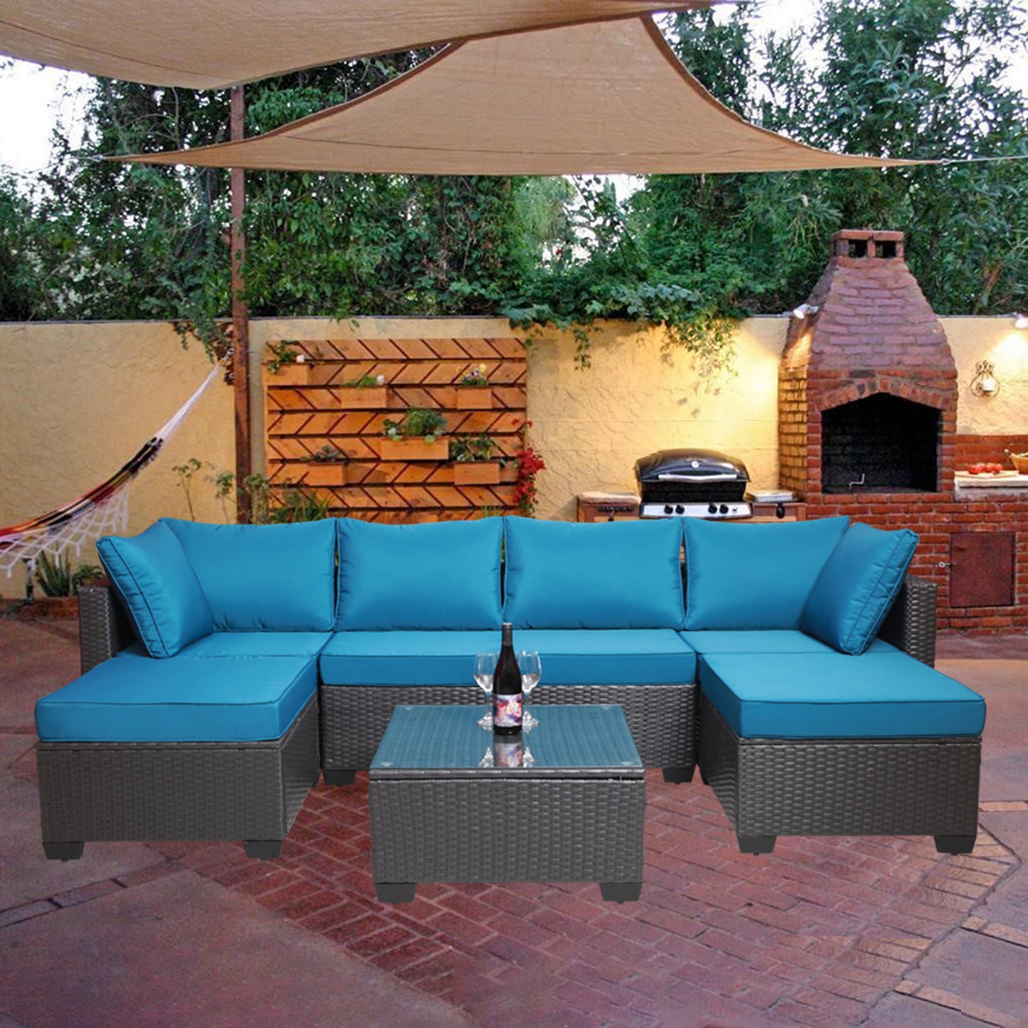 7-Piece Outdoor Garden Patio Furniture - PE Rattan Wicker Sofa Set & Coffee Table