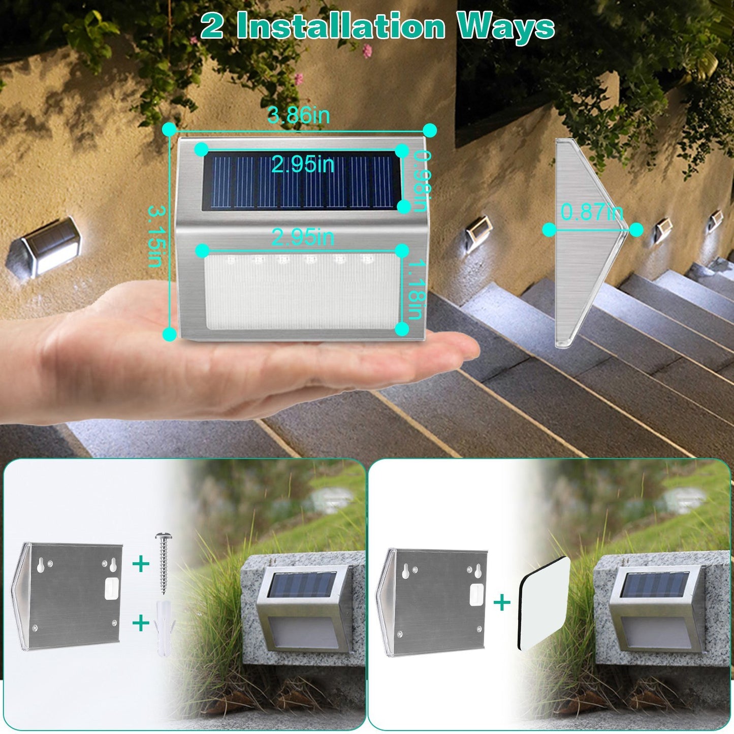 6-Pack Solar Step Lights - Stainless Steel Outdoor LED Deck & Fence Lamps