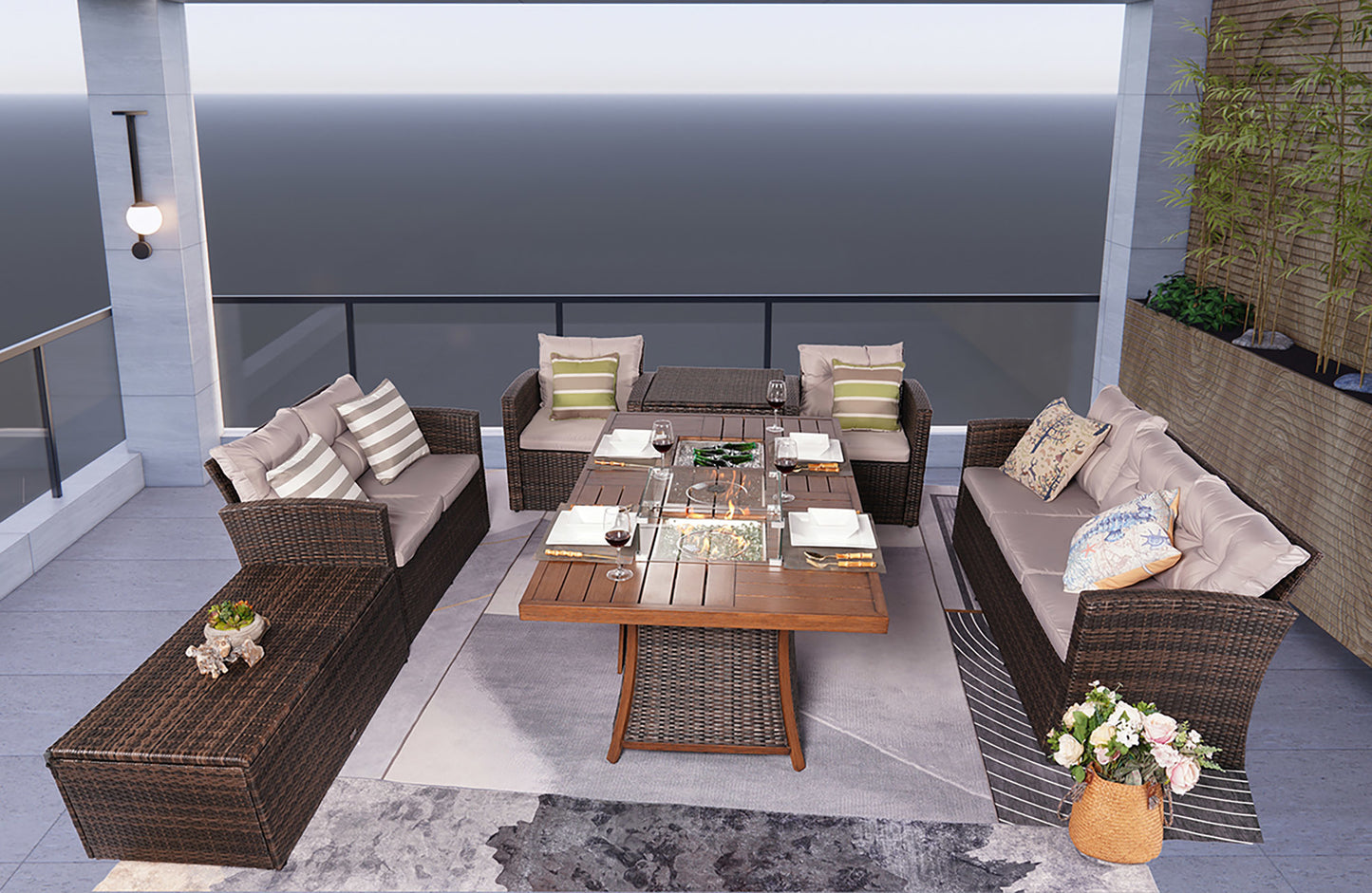 Wicker Outdoor Patio Furniture Set with Rectangular Fire Pit Table