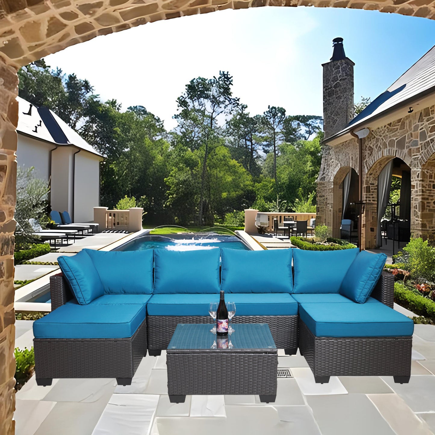 7-Piece Outdoor Garden Patio Furniture - PE Rattan Wicker Sofa Set & Coffee Table