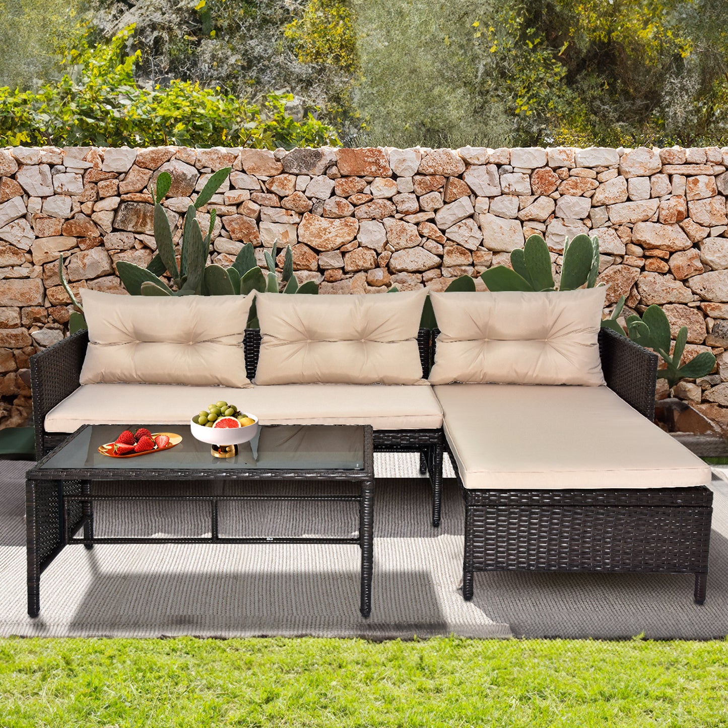 3-Piece Outdoor PE Rattan Furniture Set - Patio Black Wicker Loveseat Sofa