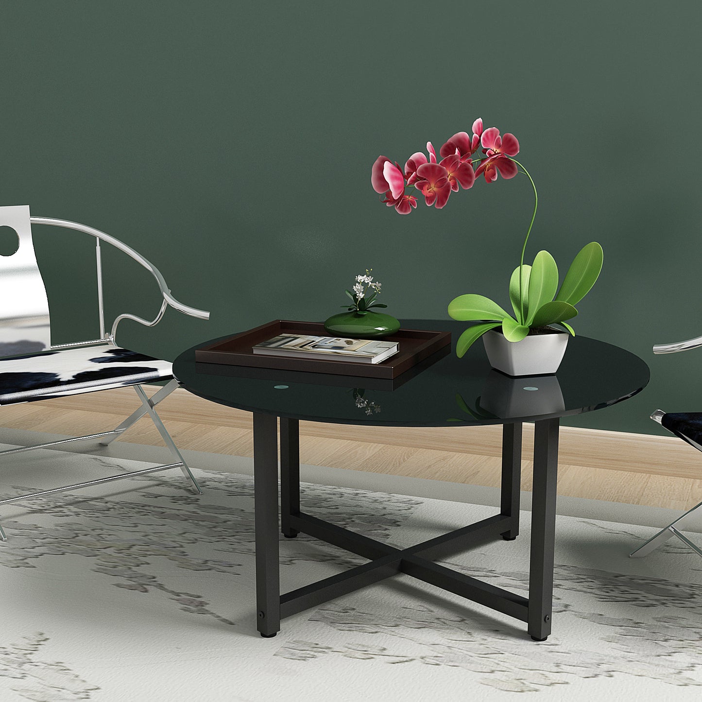 Modern Side Center Table for Living Room - Round Tempered Glass, 220lbs Capacity
