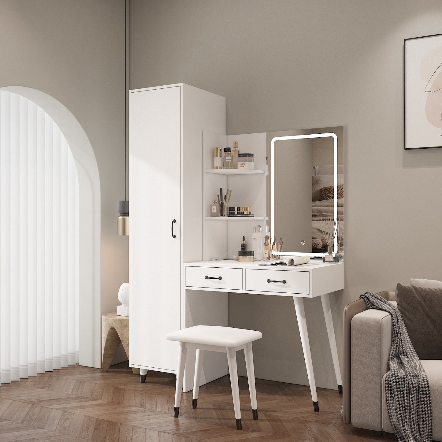 Makeup Vanity Table & Slim Armoire Wardrobe Set - White