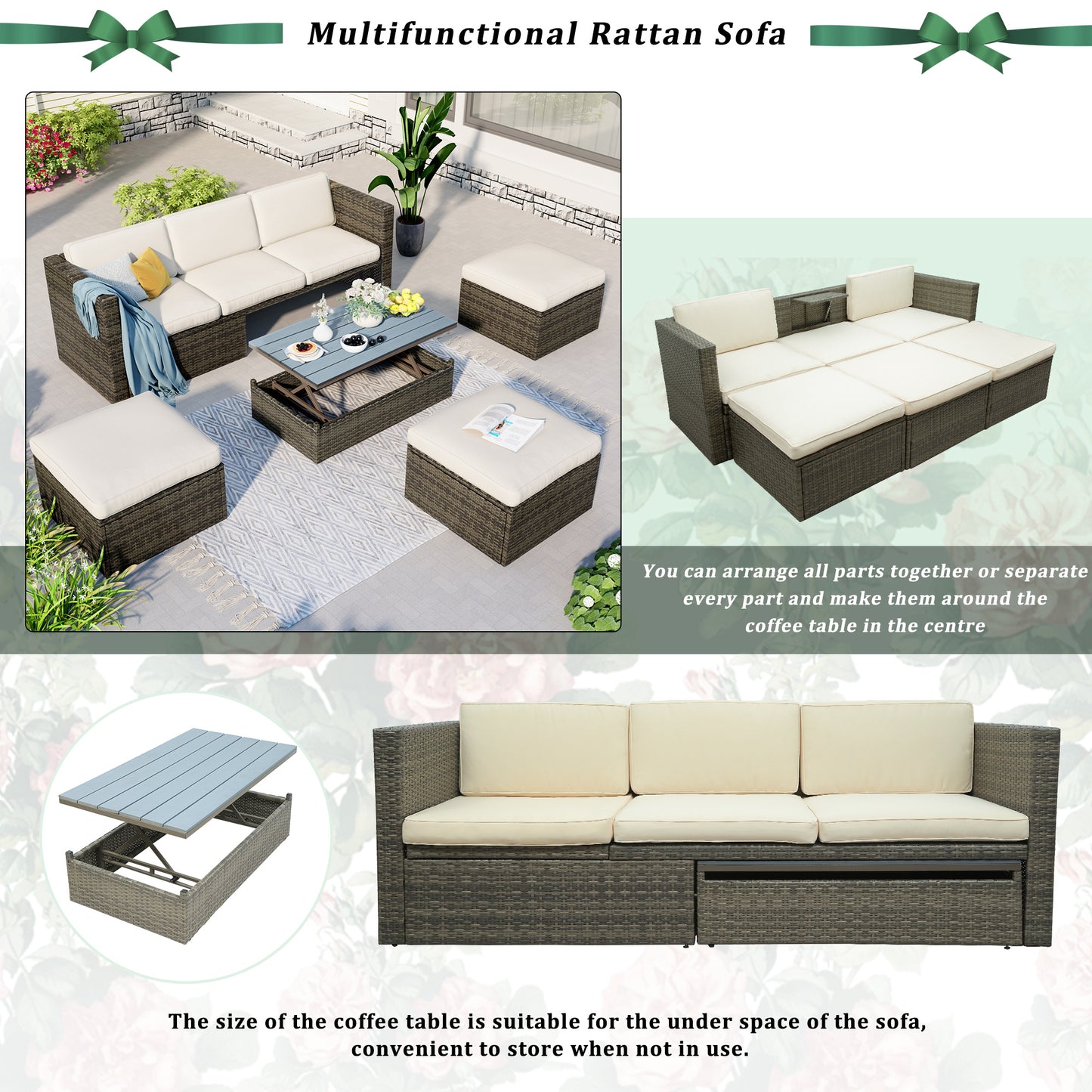5-Piece Patio Wicker Furniture Set - Sofa, Ottomans & Lift Top Table