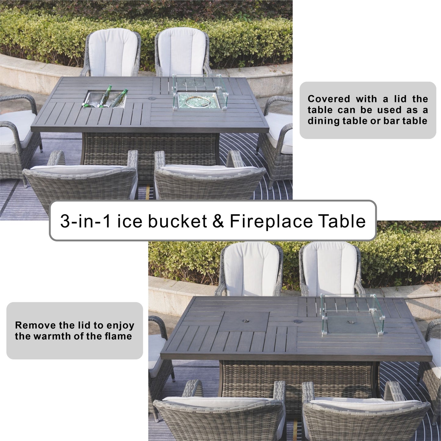 Wicker Outdoor Patio Furniture Set with Rectangular Fire Pit Table
