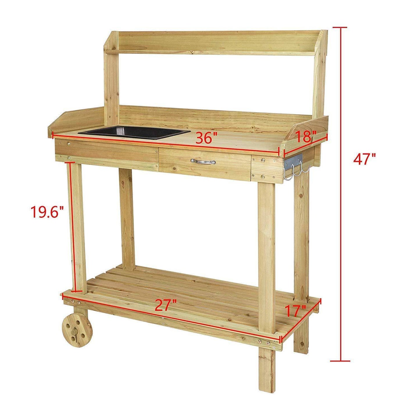 Wood Potting Bench Work Station Table with Tabletop Removable Sink Drawer Shelves Hooks on Wheels
