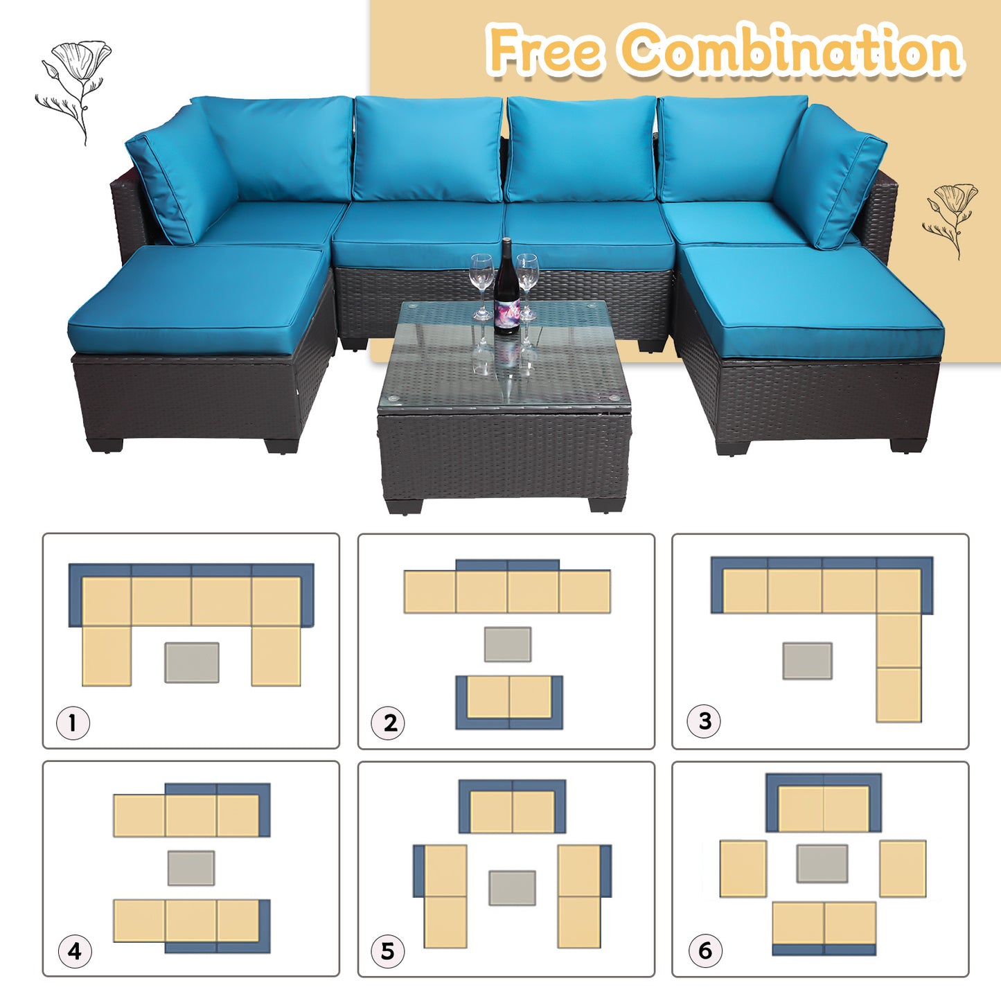 7-Piece Outdoor Garden Patio Furniture - PE Rattan Wicker Sofa Set & Coffee Table