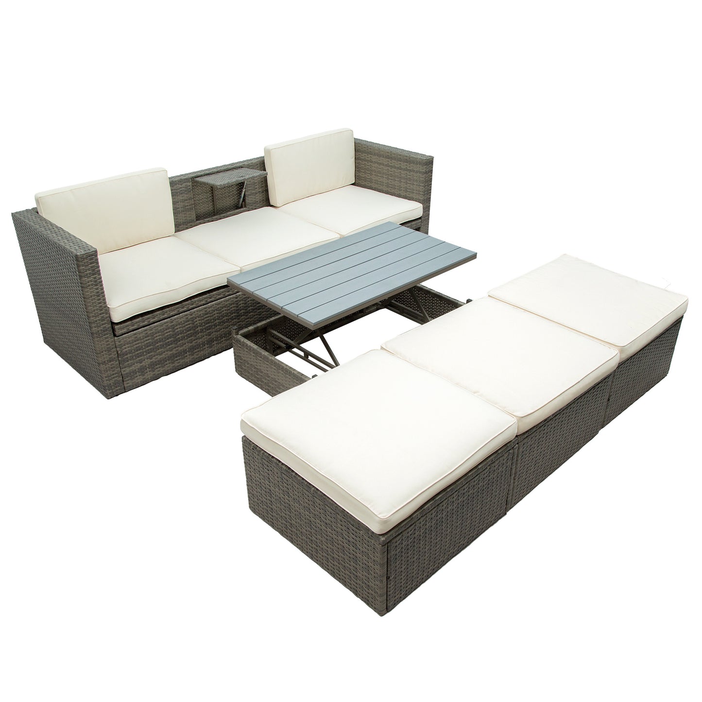 5-Piece Patio Wicker Furniture Set - Sofa, Ottomans & Lift Top Table