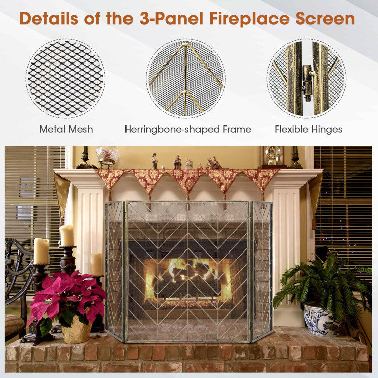 3-Panel Metal Foldable Fireplace Screen with Metal Mesh