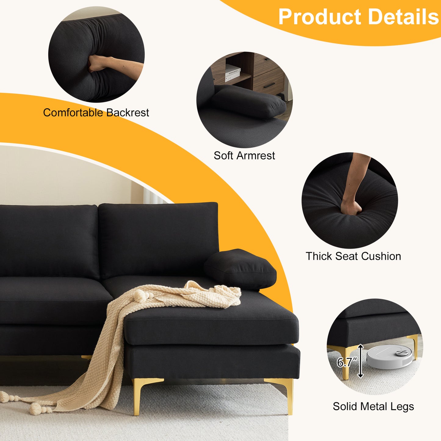 U-Shaped 4-Seat Modular Sofa - Black Linen with Golden Feet