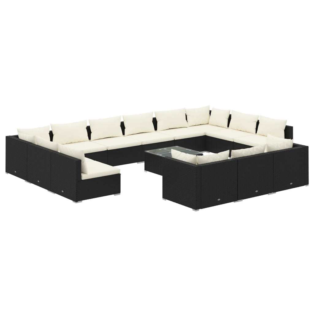 14 Piece Patio Lounge Set with Cushions - Black Poly Rattan