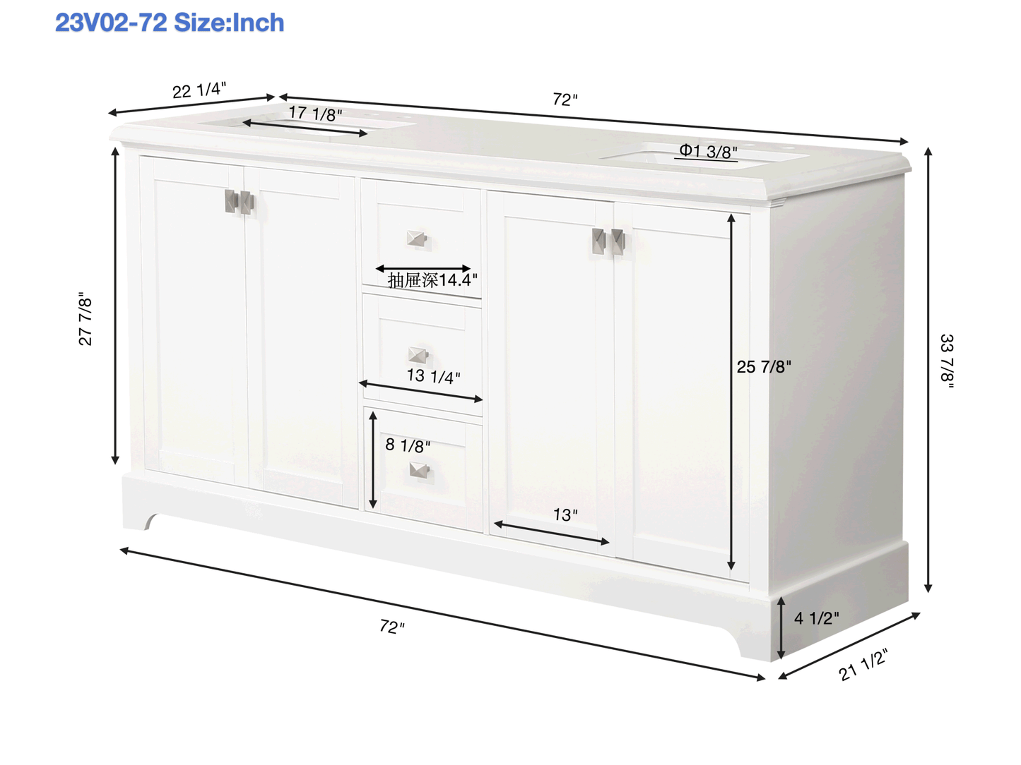 72-Inch Blue Vanity Sink Combo - Marble Countertop & Bathroom Sink Cabinet