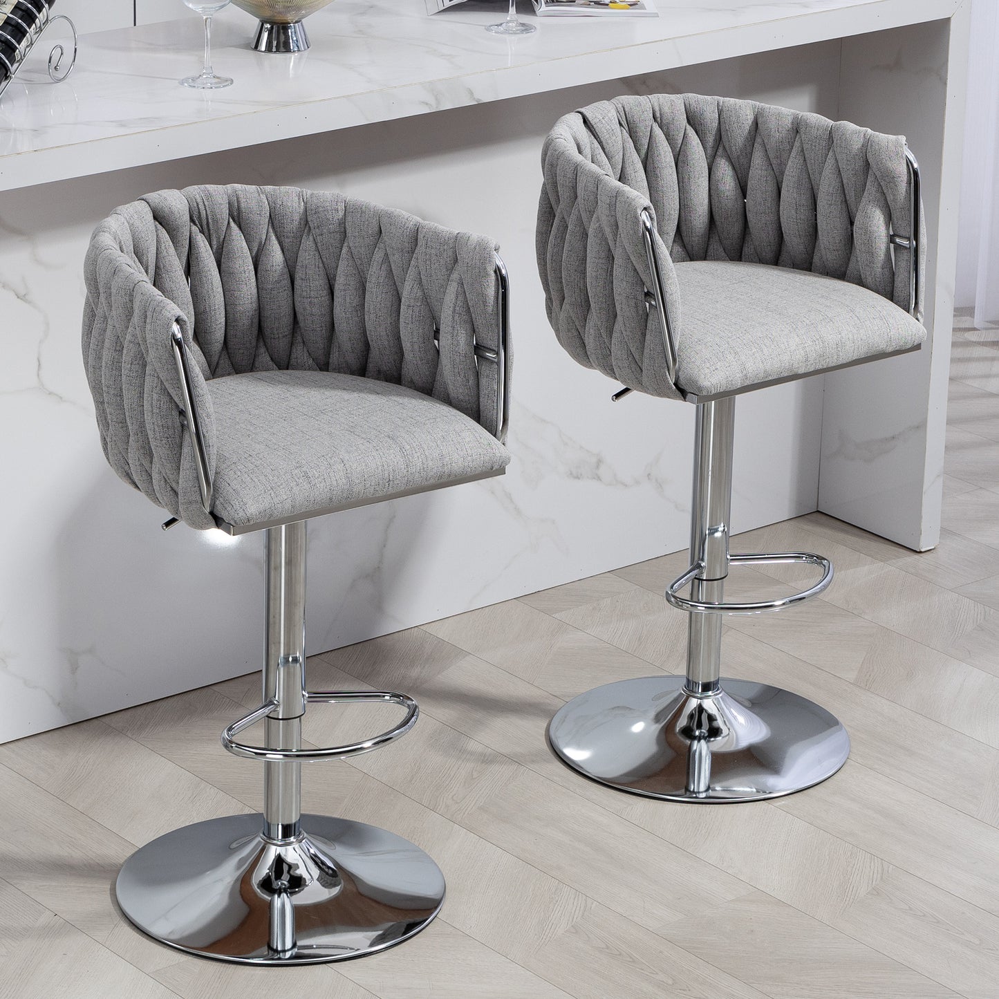 360° Swivel Fabric Bar Stools Set of 2 - Adjustable Counter Height Chairs with Woven Back & Footrest, Gray
