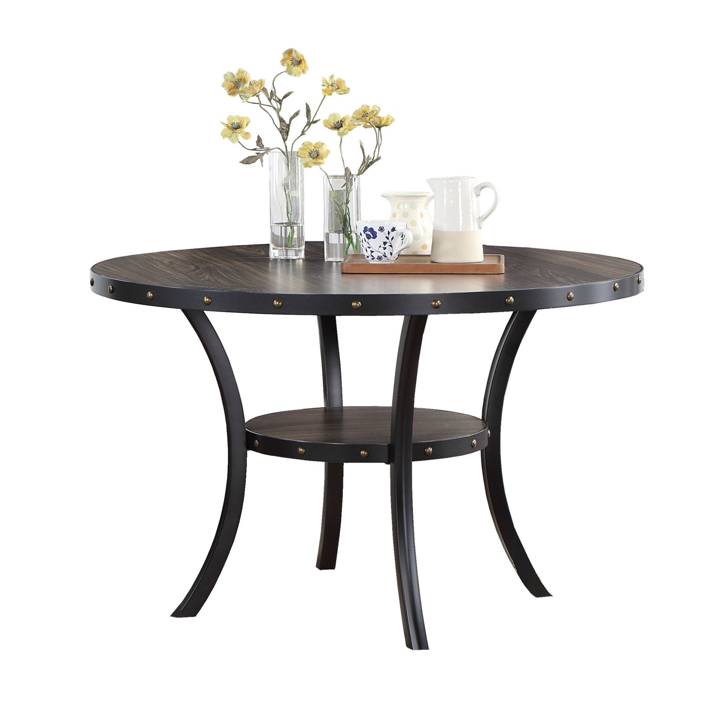 Modern Classic 5pc Dining Set - Natural Wood Round Table & Charcoal Tufted Chairs