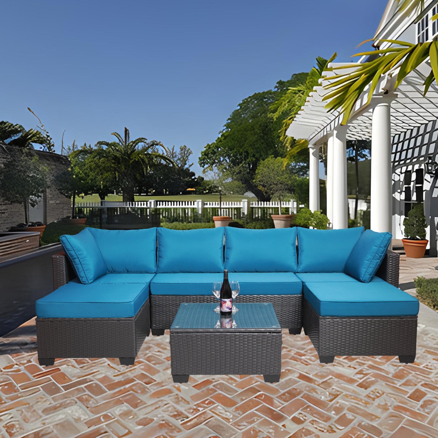 7-Piece Outdoor Garden Patio Furniture - PE Rattan Wicker Sofa Set & Coffee Table