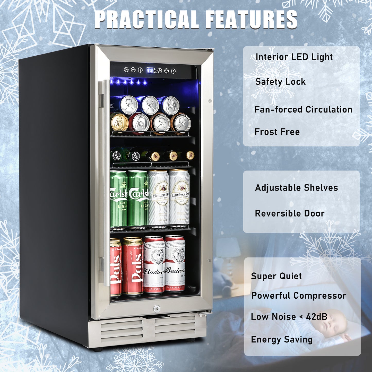 Premium 15-Inch Mini Beverage Refrigerator / Wine Cooler - 120 Cans, Built-in & Freestanding