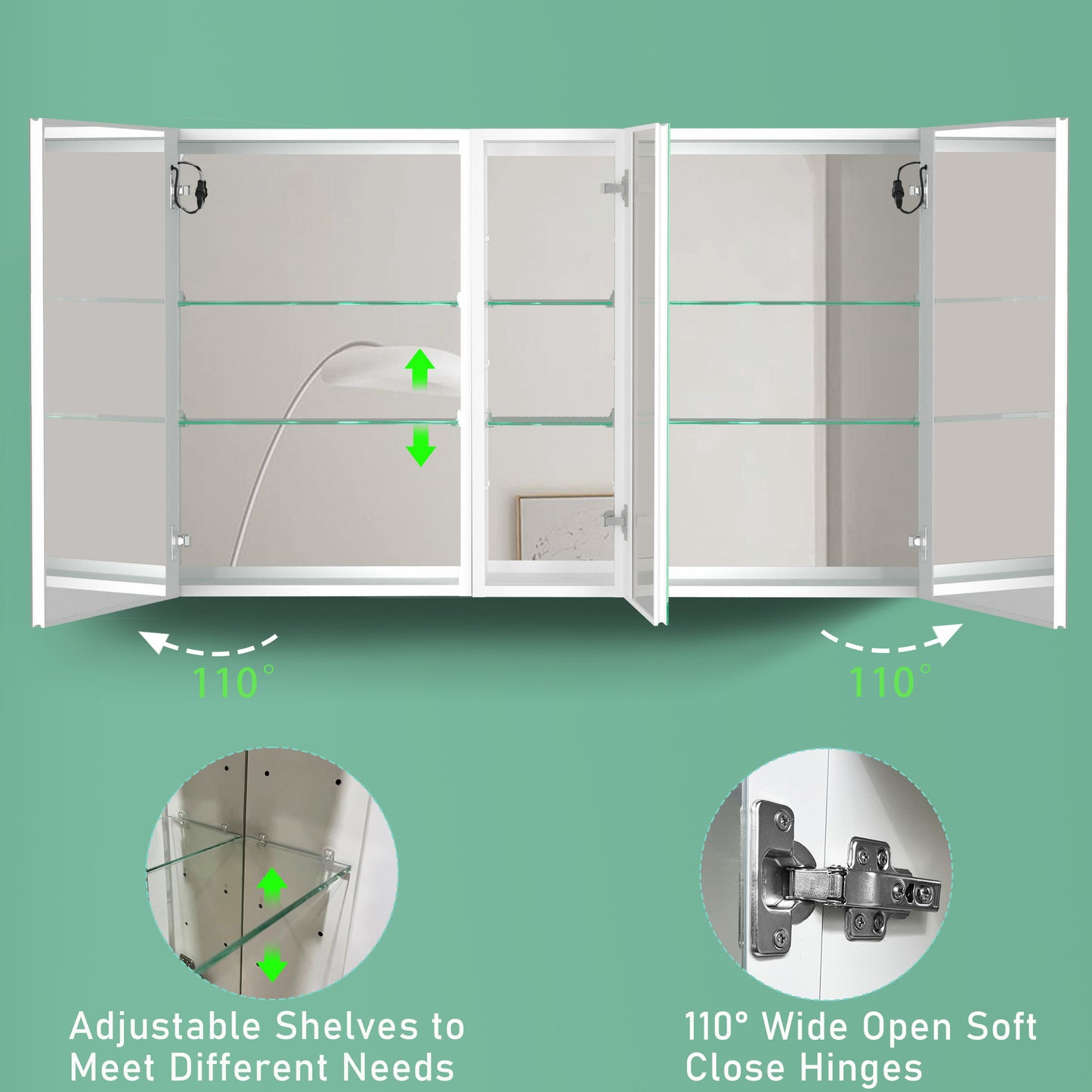 50x30 Inch LED Lighted Bathroom Medicine Cabinet - Double Door, Surface Mount