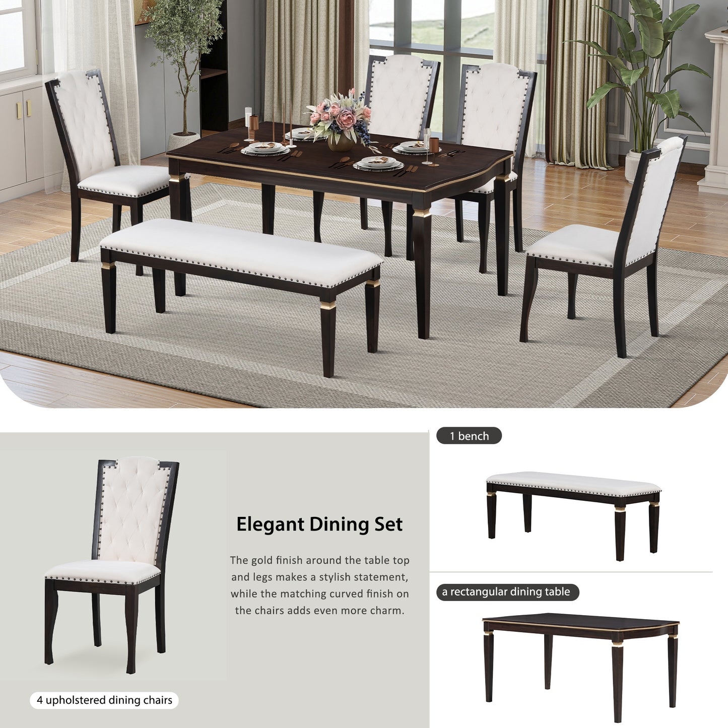6-Piece Kitchen Dining Table Set - Rectangular Table, High-Back Tufted Chairs & Bench (Espresso)