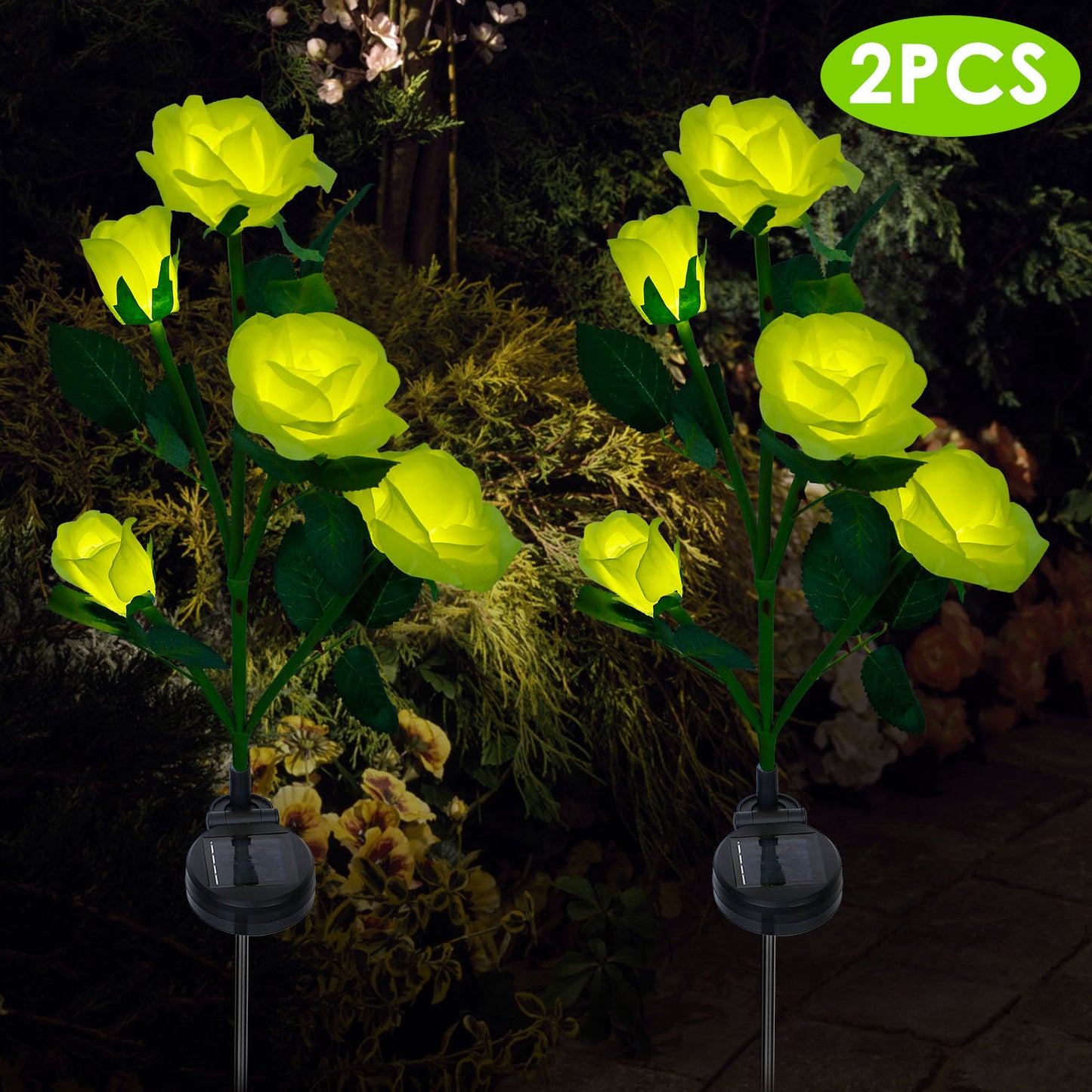 2Pcs Solar Powered Rose Flower LED Pathway Lights - Water Resistant