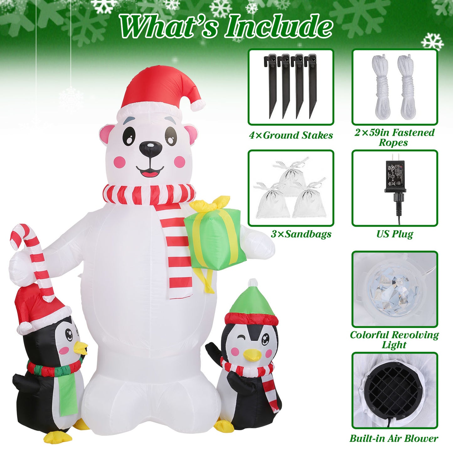 5.9FT Christmas Inflatable Outdoor Decoration - Polar Bear, Gift Box & Penguin with LED Lights