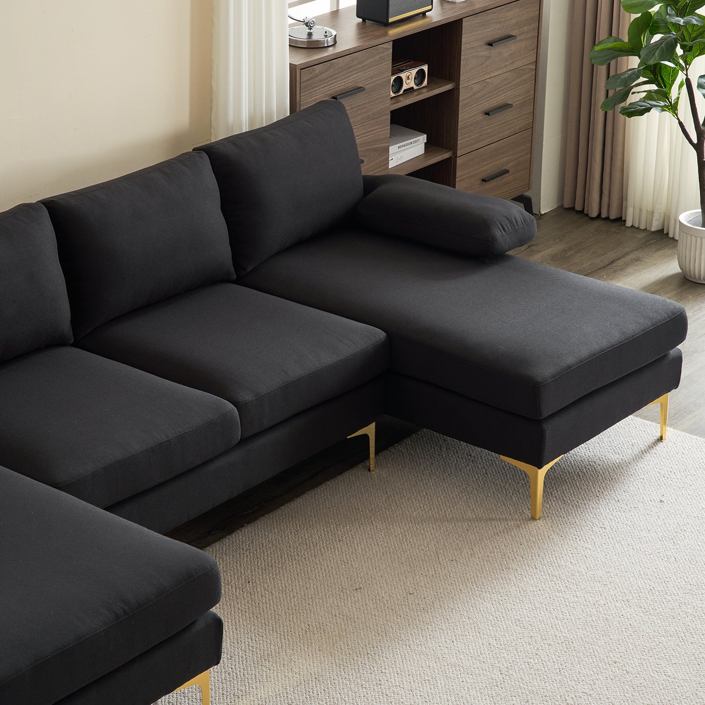 U-Shaped 4-Seat Modular Sofa - Black Linen with Golden Feet