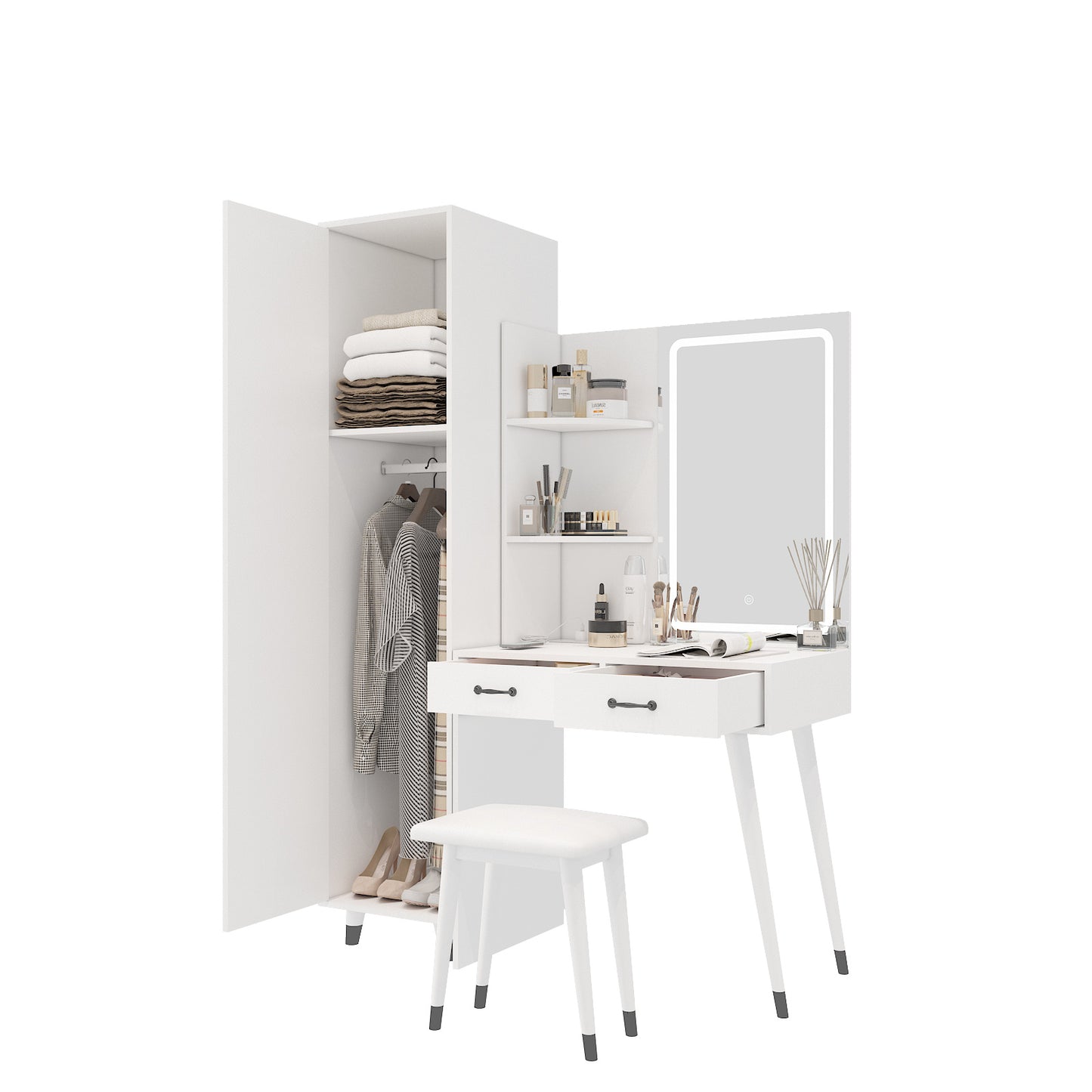 Makeup Vanity Table & Slim Armoire Wardrobe Set - White