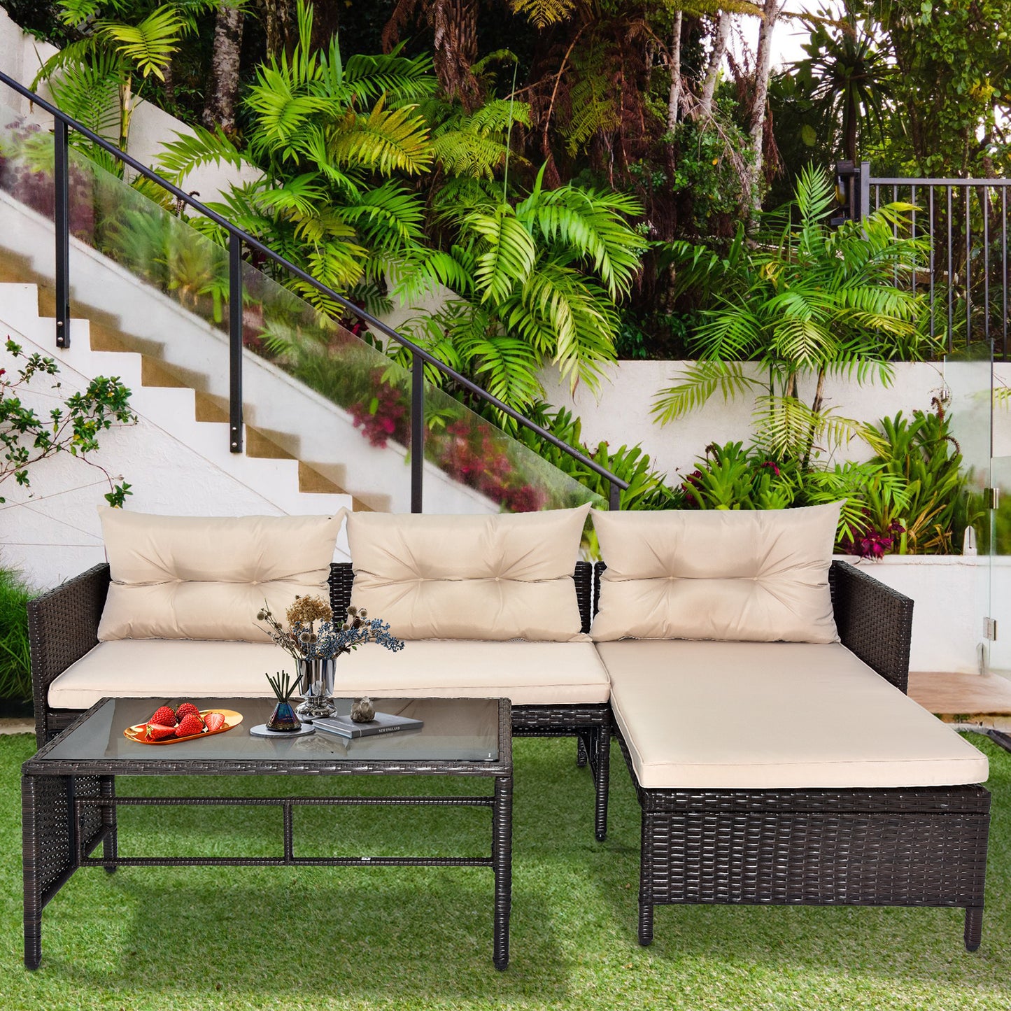 3-Piece Outdoor PE Rattan Furniture Set - Patio Black Wicker Loveseat Sofa