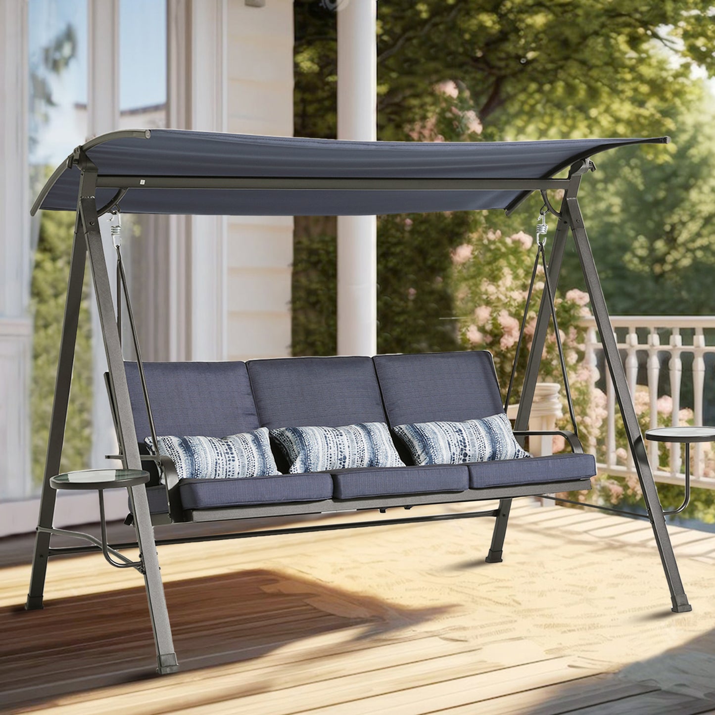 Steel 3-Seater Porch Swing with Canopy - Outdoor Swing Chair