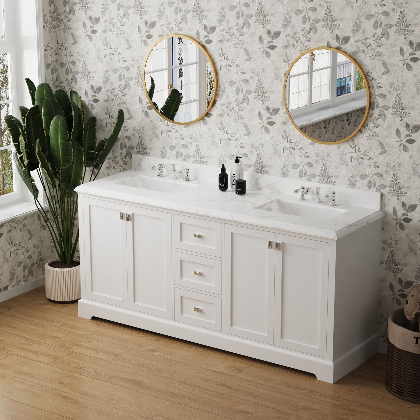 72-Inch White Vanity Sink Combo - Marble Countertop & Fully Assembled Bathroom Cabinet