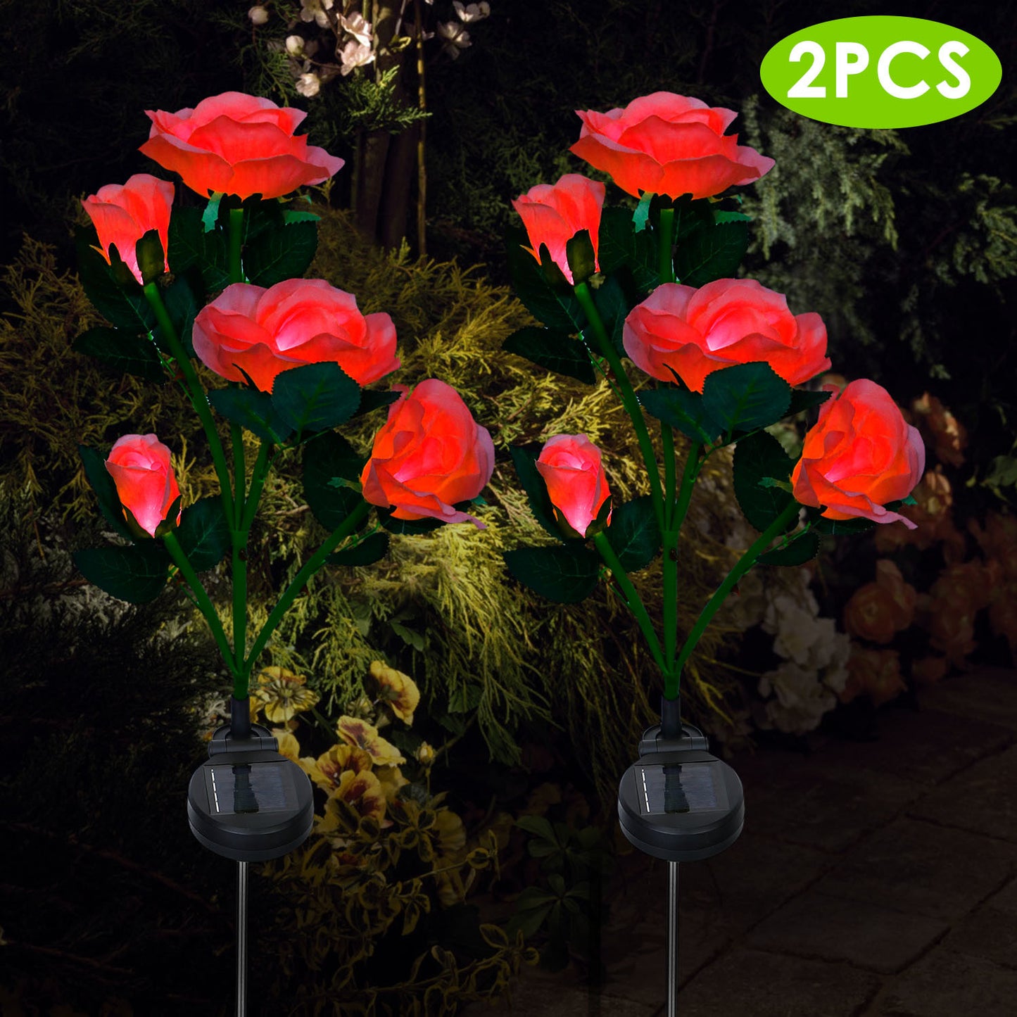 2Pcs Solar Powered Rose Flower LED Pathway Lights - Water Resistant