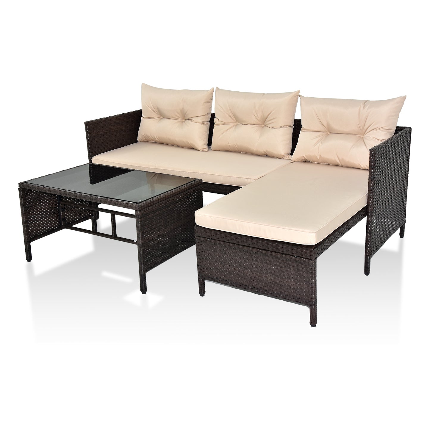 3-Piece Outdoor PE Rattan Furniture Set - Patio Black Wicker Loveseat Sofa