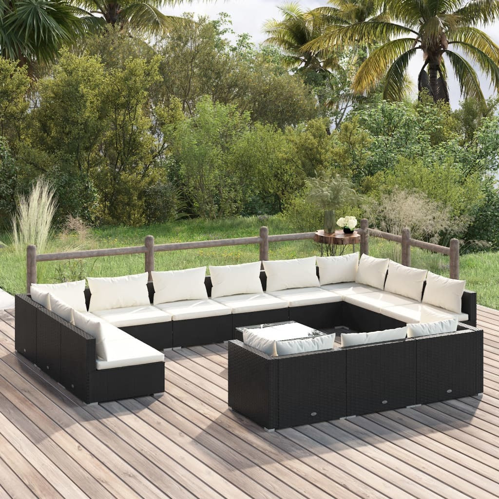 14 Piece Patio Lounge Set with Cushions - Black Poly Rattan