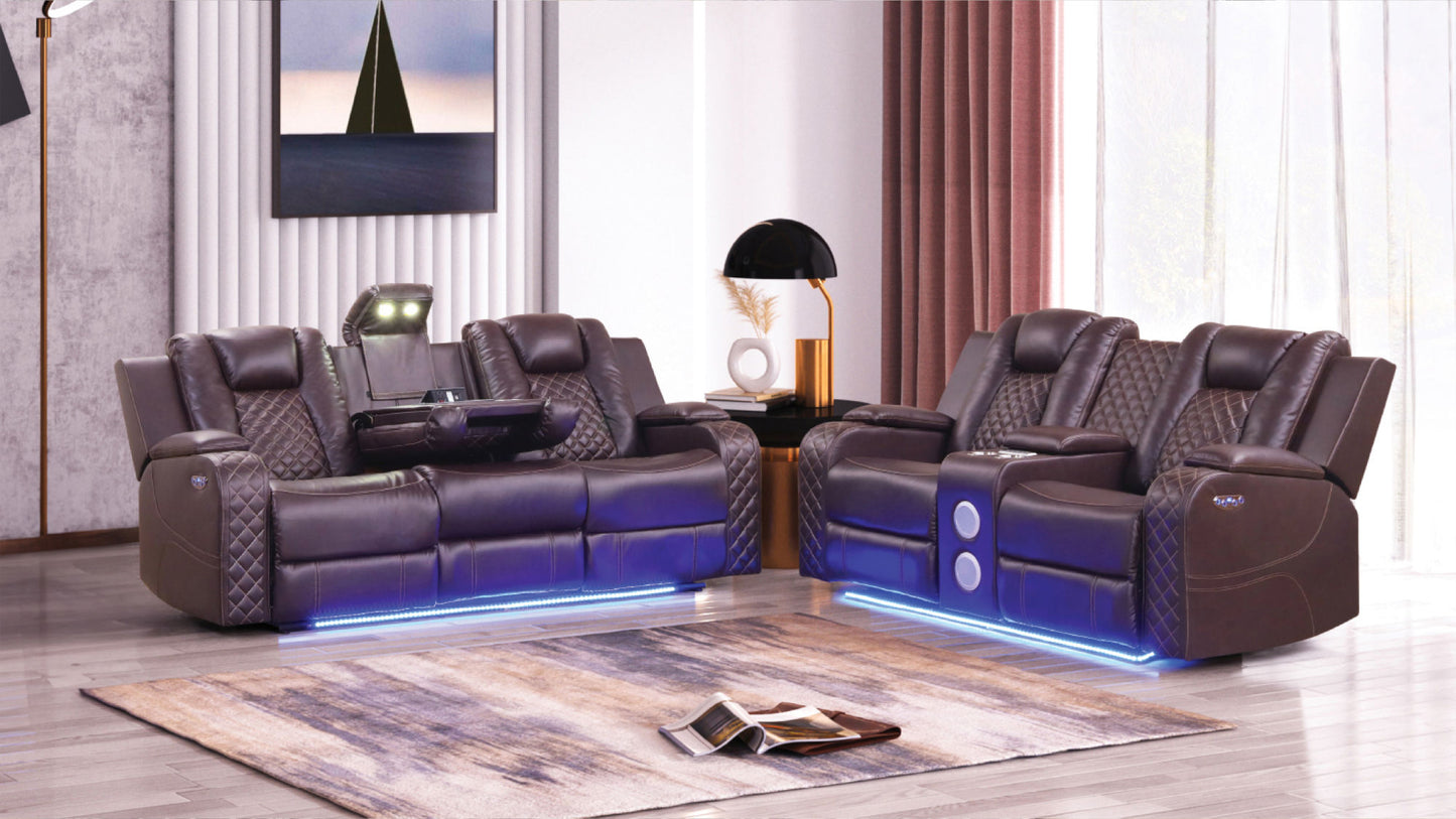 LED & Power Recliner 3 PC Living Room Set - Faux Leather in Brown