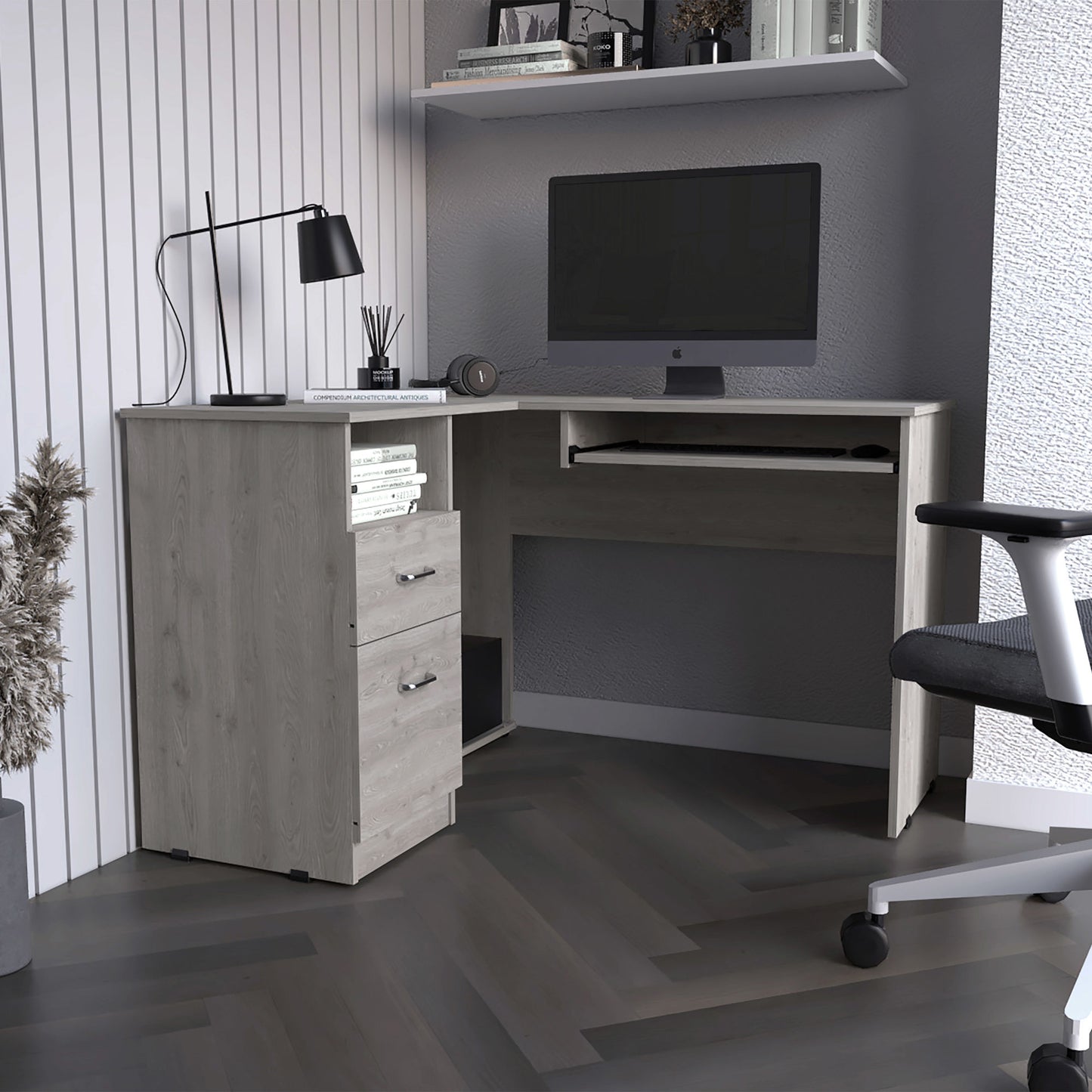 L-Shaped Desk Bradford with Keyboard Shelf - Light Gray Finish