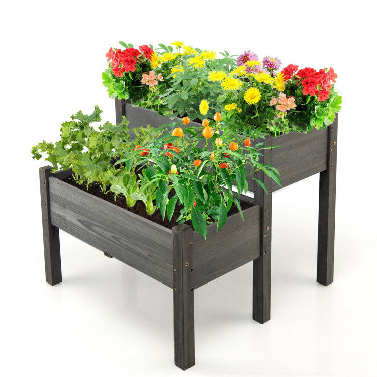 2 Tier Wooden Raised Garden Bed with Legs and Drain Holes