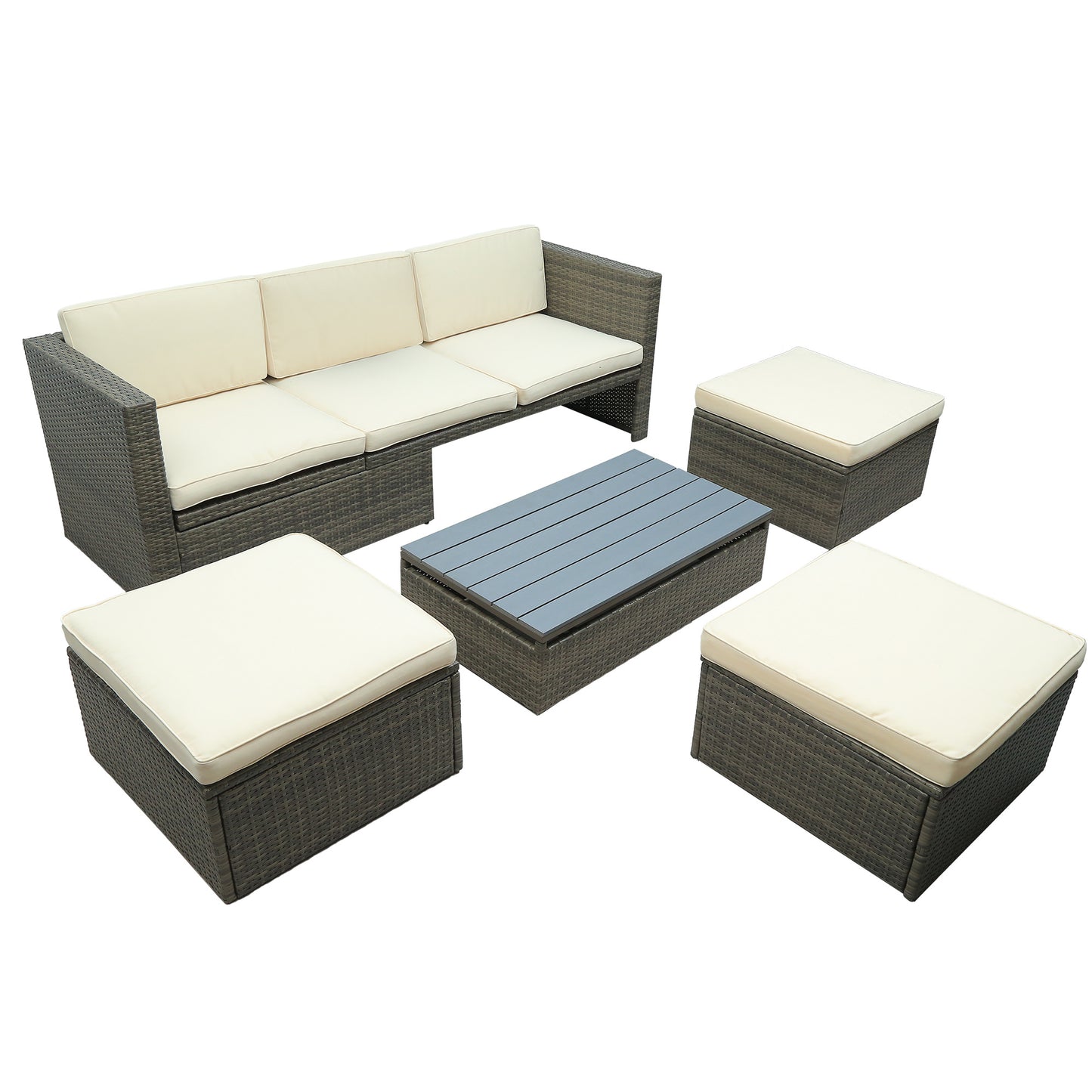 5-Piece Patio Wicker Furniture Set - Sofa, Ottomans & Lift Top Table