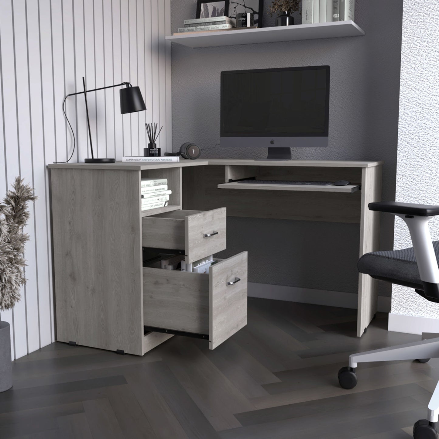 L-Shaped Desk Bradford with Keyboard Shelf - Light Gray Finish