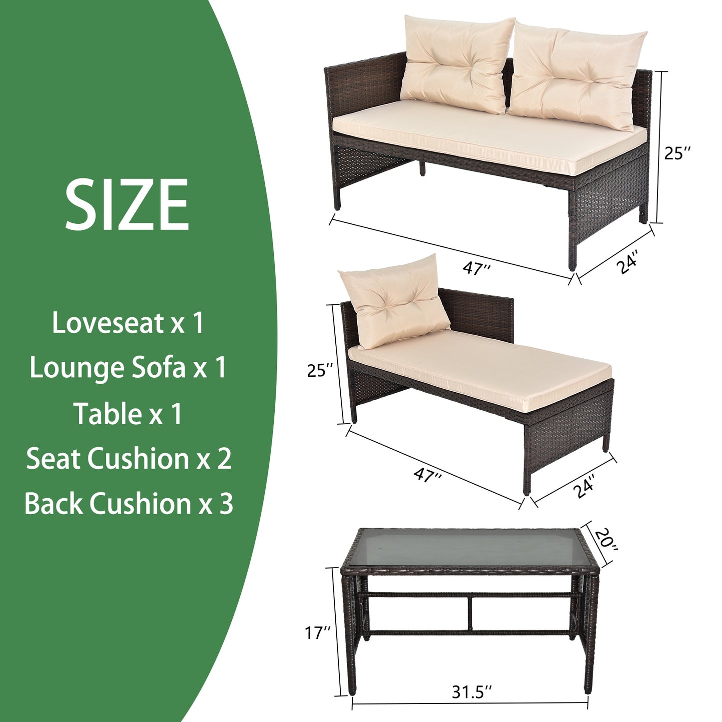 3-Piece Outdoor PE Rattan Furniture Set - Patio Black Wicker Loveseat Sofa