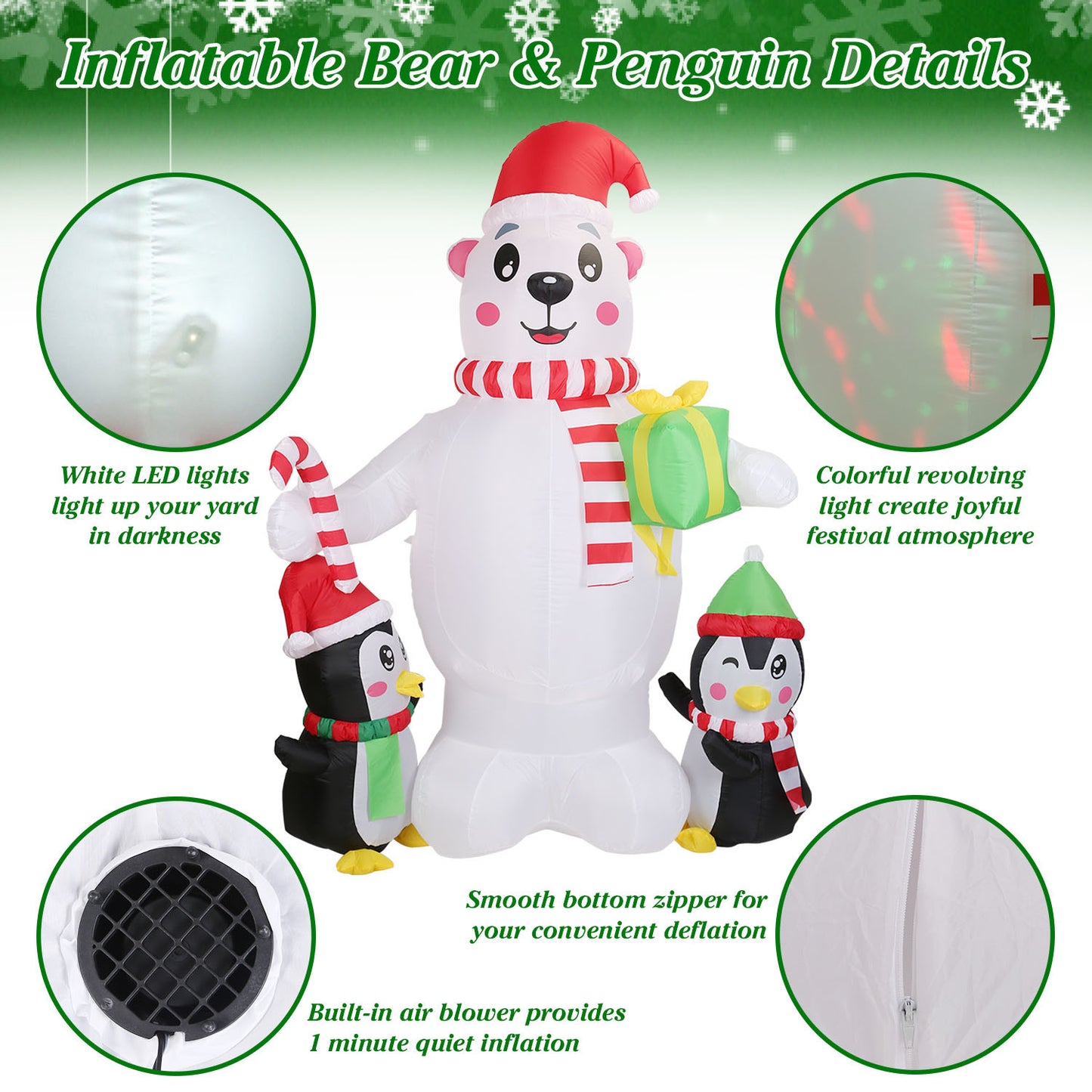 5.9FT Christmas Inflatable Outdoor Decoration - Polar Bear, Gift Box & Penguin with LED Lights