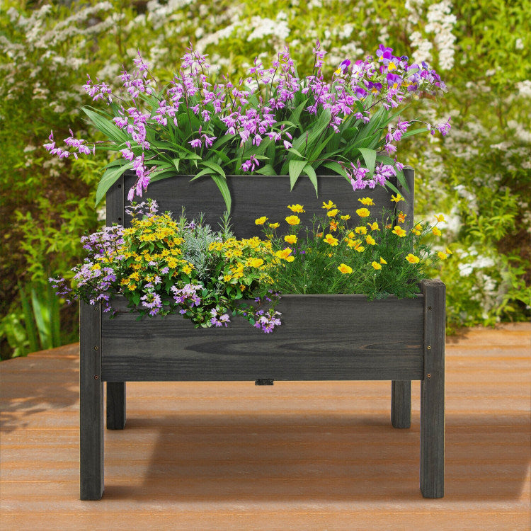 2 Tier Wooden Raised Garden Bed with Legs and Drain Holes