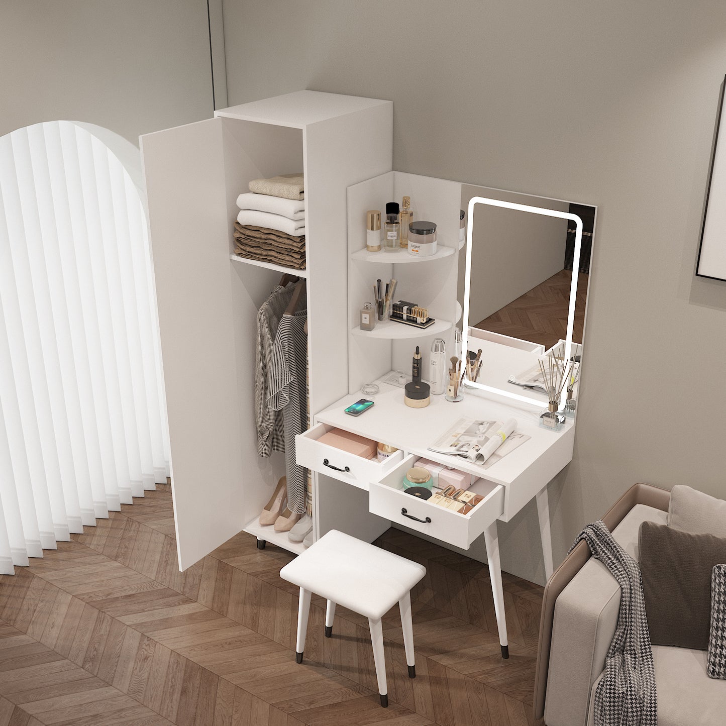 Makeup Vanity Table & Slim Armoire Wardrobe Set - White