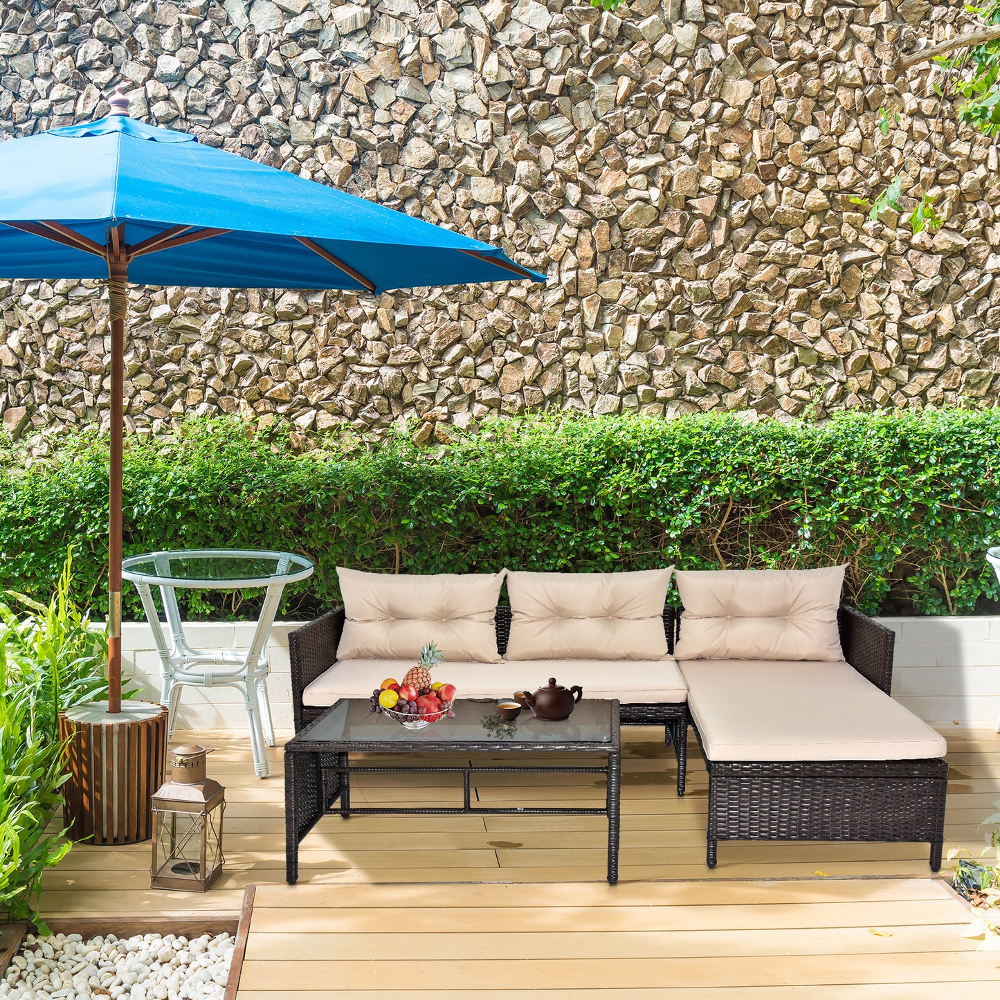 3-Piece Outdoor PE Rattan Furniture Set - Patio Black Wicker Loveseat Sofa