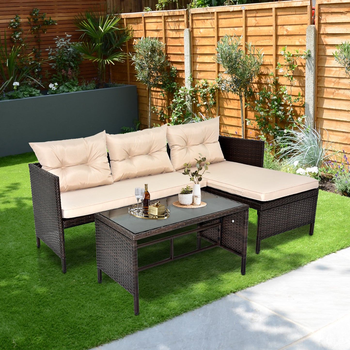 3-Piece Outdoor PE Rattan Furniture Set - Patio Black Wicker Loveseat Sofa