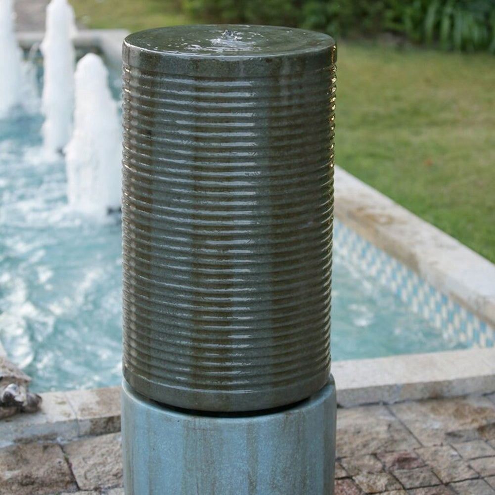 Large 44" Tall Round Green Ribbed Tower Water Fountain - Verge Bronze