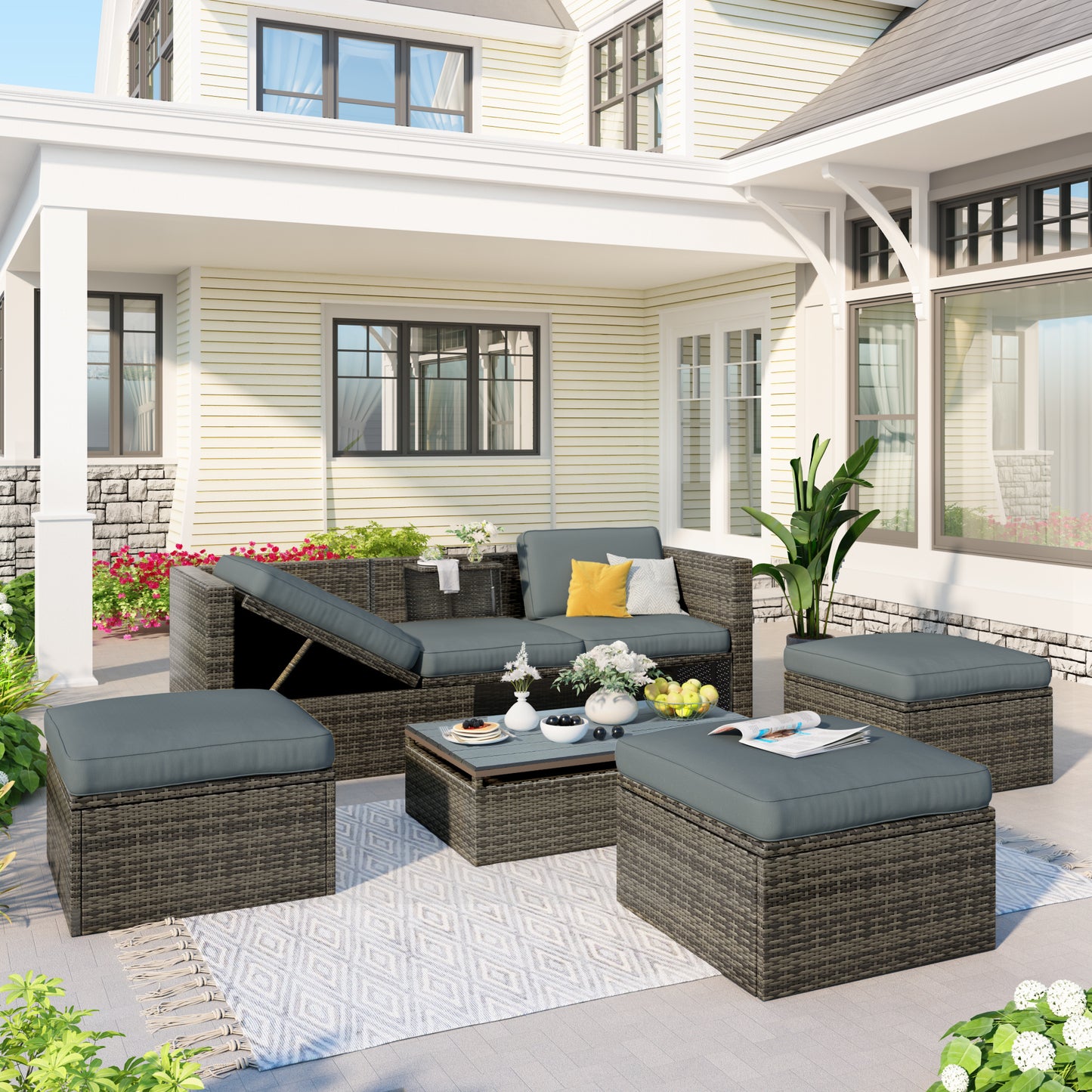 5-Piece Patio Wicker Furniture Set - Sofa, Ottomans & Lift Top Table