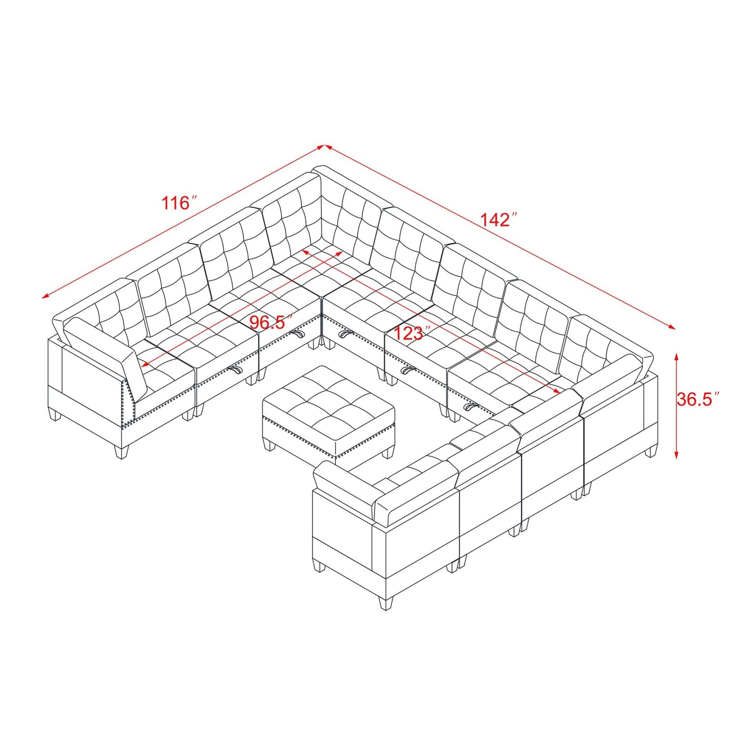 U-Shape Modular Sectional Sofa - DIY Combination, 12-Piece Set in Gray