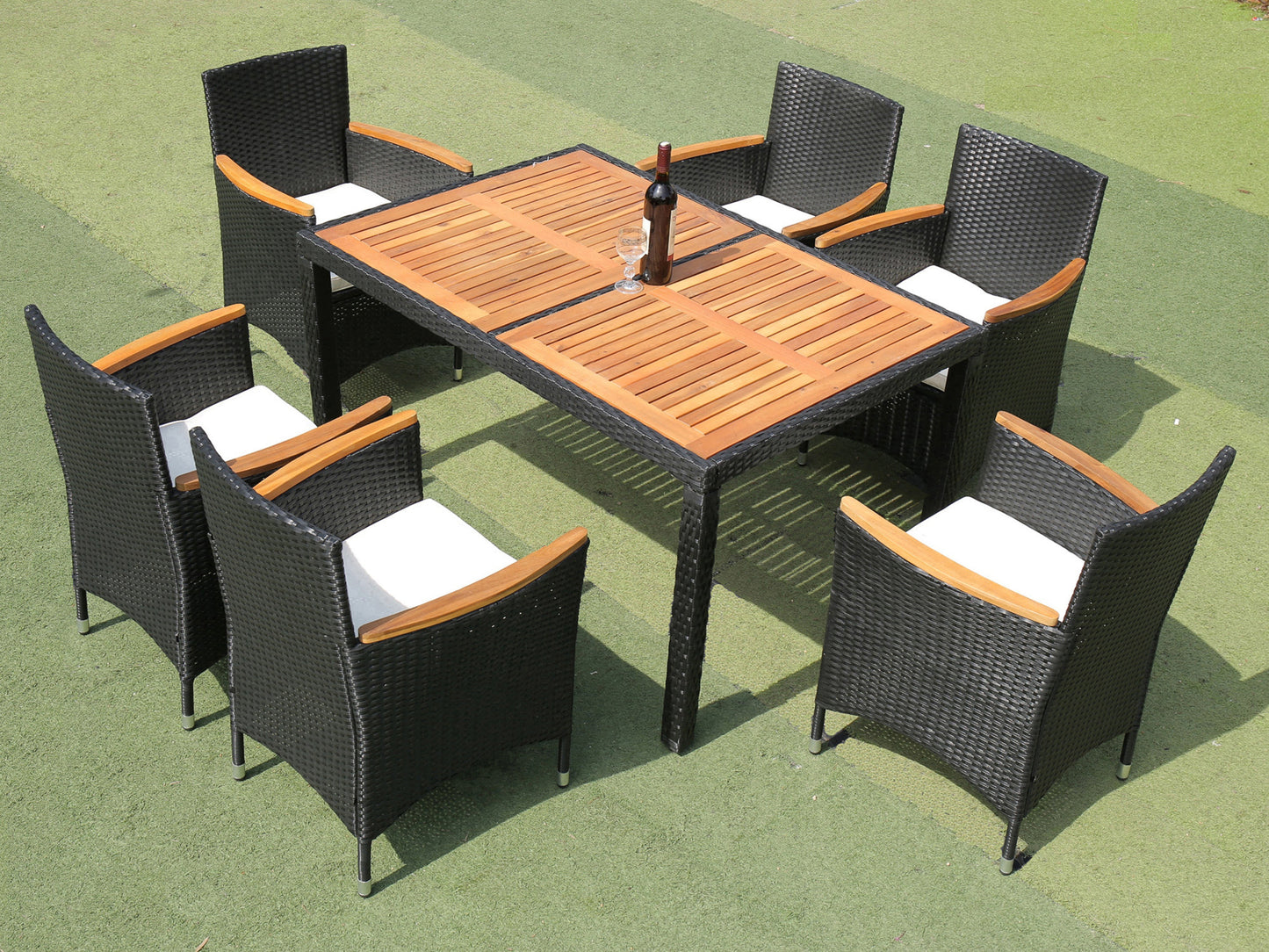 7 piece Outdoor Patio Wicker Dining Set Patio Wicker Furniture Dining Set w/Acacia Wood Top